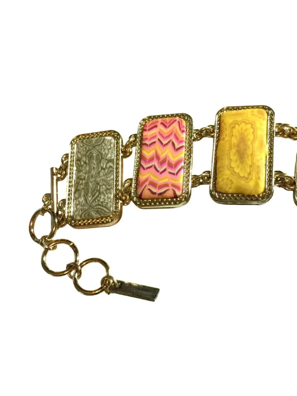 JILZARA Handmade Inlay Pink Green Clay REVERSIBLE TOGGLE Bracelet w Box